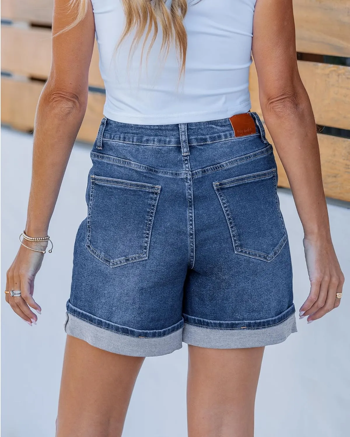 luvamia Jean Shorts for Women Trendy High Waisted Mid Thigh Fold Hem Cutoff Casual Summer Stretchy Denim Shorts Jorts
