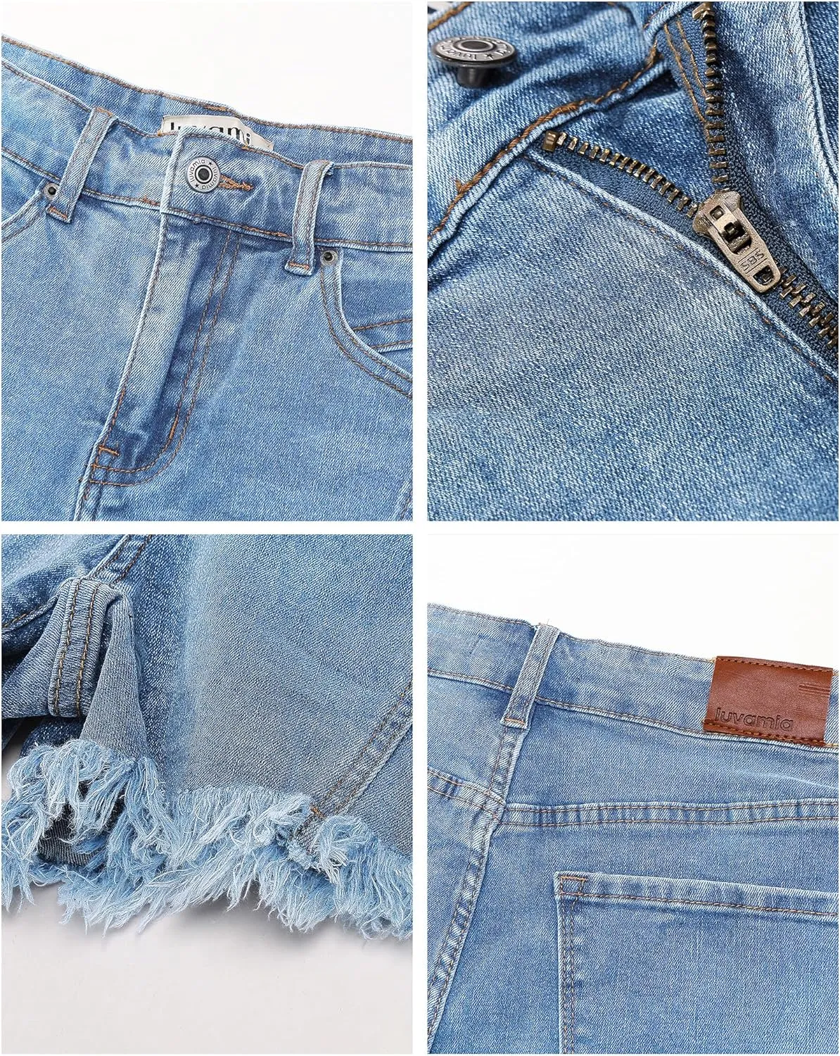 luvamia Jean Shorts for Women Trendy High Waisted Seamed Front Stretchy Denim Shorts Cut Off Frayed Hem Casual Summer