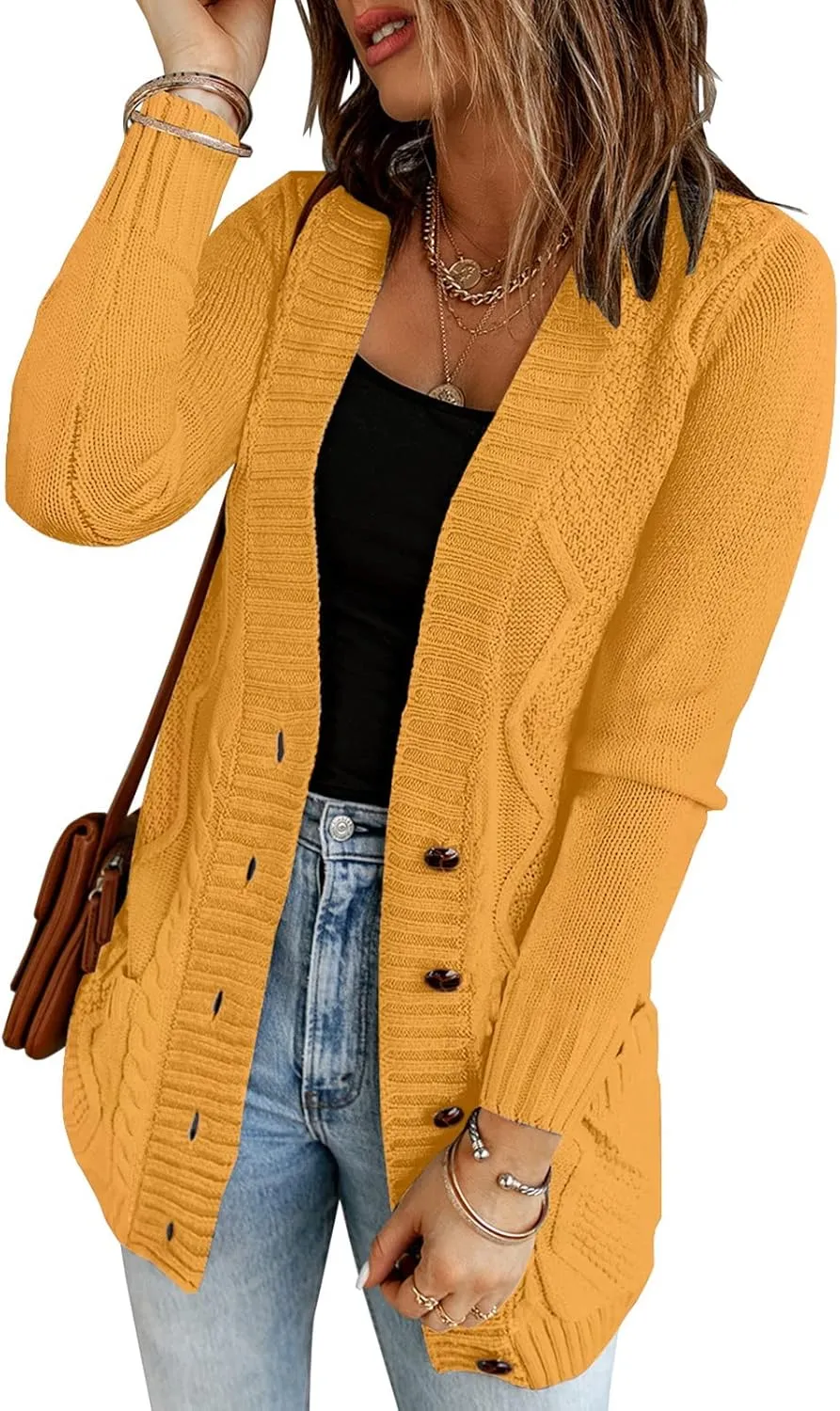 luvamia Womens Long Sleeve Open Front Buttons Cable Knit Pocket Sweater Cardigan