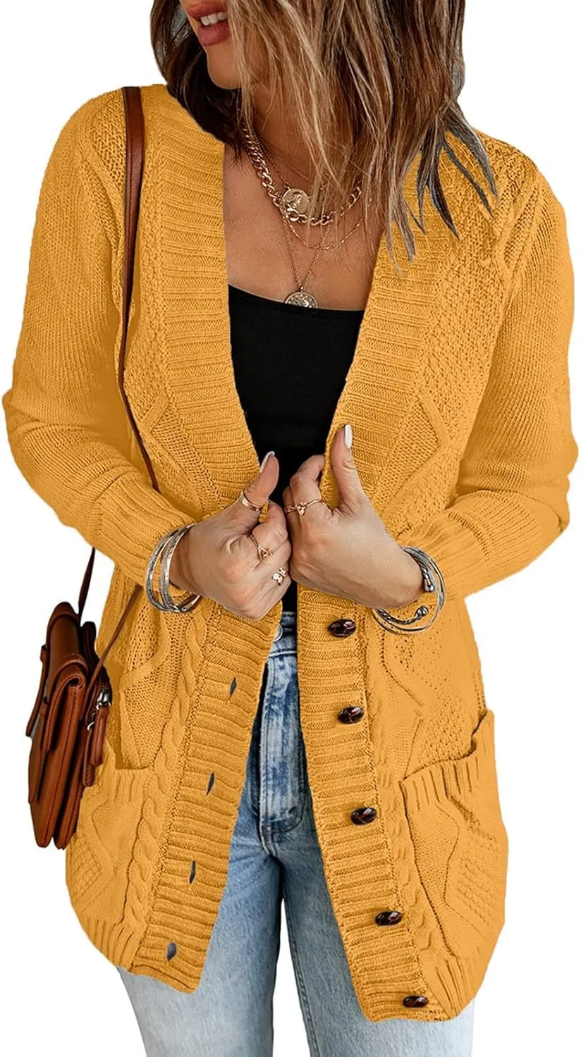 luvamia Womens Long Sleeve Open Front Buttons Cable Knit Pocket Sweater Cardigan