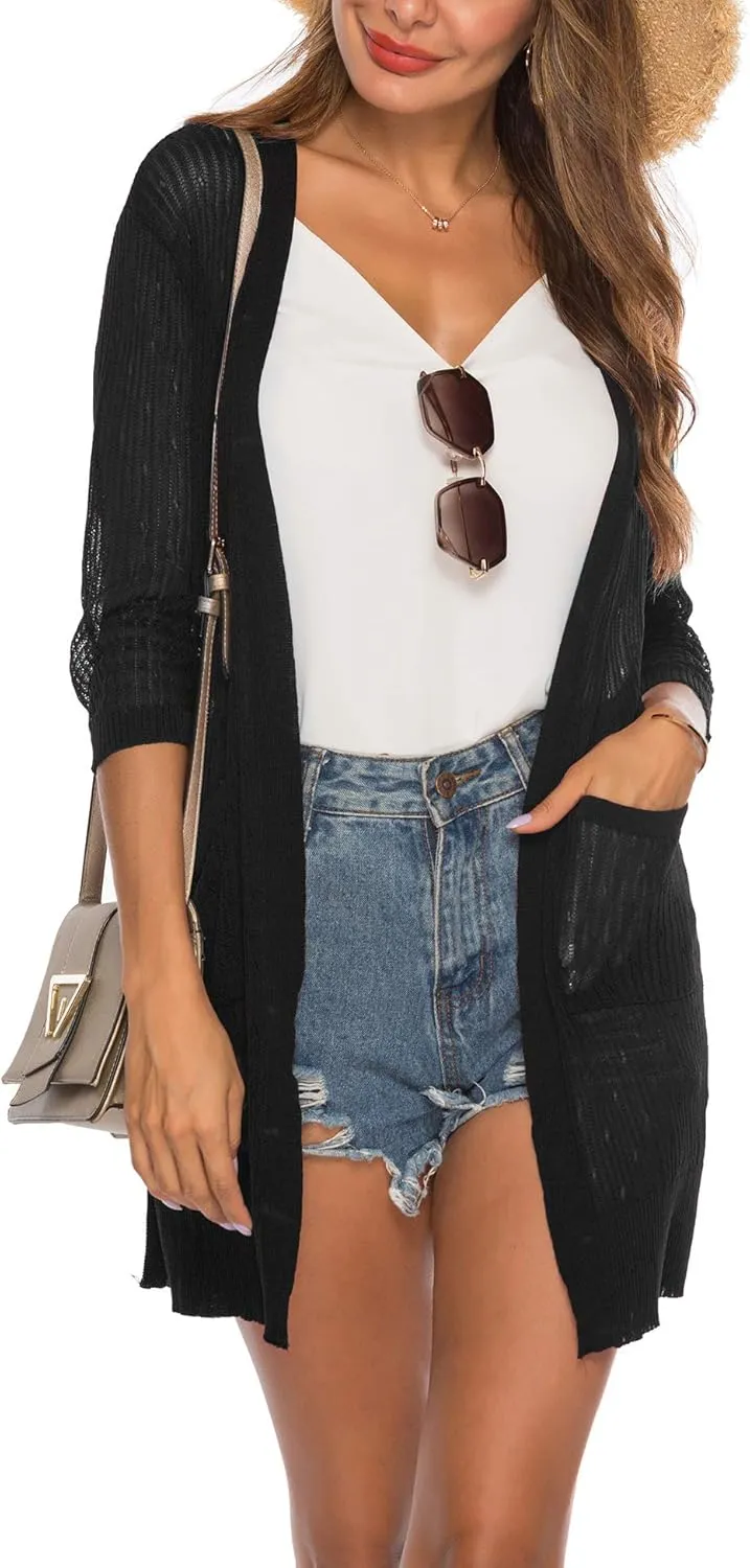 LYHNMW Women's Cardigan Casual 3/4 Sleeve or Long Sleeve Lightweight Open Front Long Knited Cardigan with Pocket