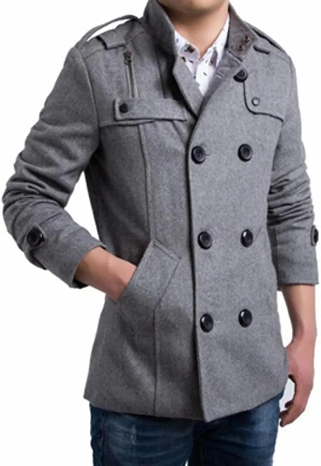 Maiyifu-GJ Men's Double Breasted Winter Trench Coat Stylish Stand Collar Wool Blend Pea Coats Slim Military Overcoat Jacket