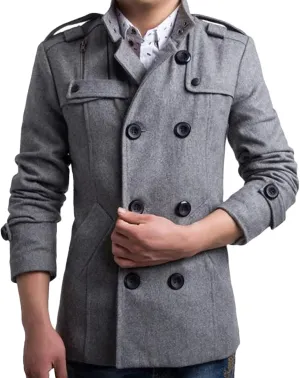 Maiyifu-GJ Men's Double Breasted Winter Trench Coat Stylish Stand Collar Wool Blend Pea Coats Slim Military Overcoat Jacket