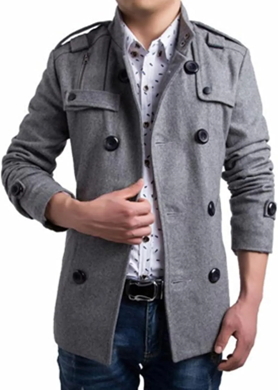 Maiyifu-GJ Men's Double Breasted Winter Trench Coat Stylish Stand Collar Wool Blend Pea Coats Slim Military Overcoat Jacket