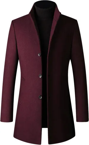 Maiyifu-GJ Mens Wool Blend Trench Coat Stand Collar Single Breasted Business Pea Coats Stylish Mid-Length Overcoat Jacket