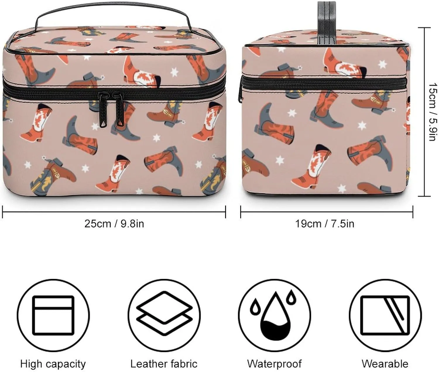 Makeup Bag Cowgirl Cowboy Boots Cosmetic Bag for Women, Beauty Zipper Makeup Organizer PU Leather Waterproof Toiletry Train Case Western