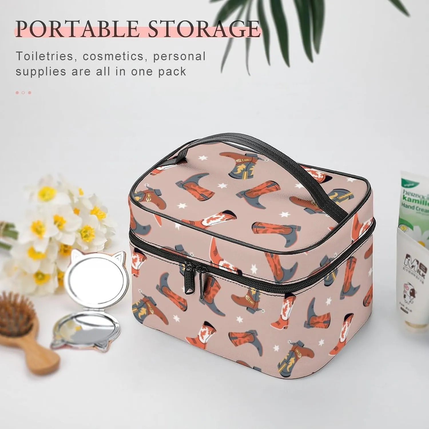 Makeup Bag Cowgirl Cowboy Boots Cosmetic Bag for Women, Beauty Zipper Makeup Organizer PU Leather Waterproof Toiletry Train Case Western