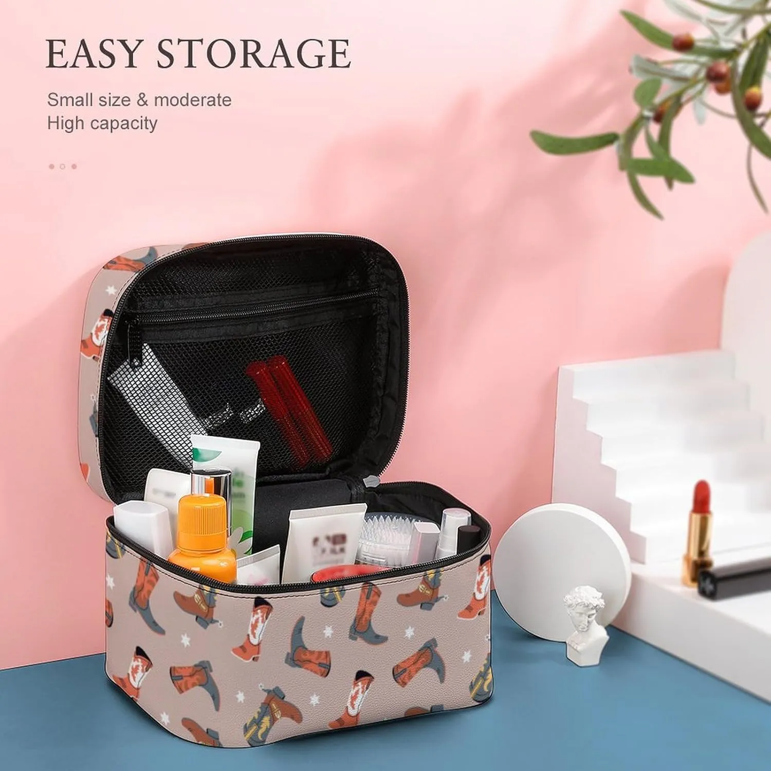 Makeup Bag Cowgirl Cowboy Boots Cosmetic Bag for Women, Beauty Zipper Makeup Organizer PU Leather Waterproof Toiletry Train Case Western