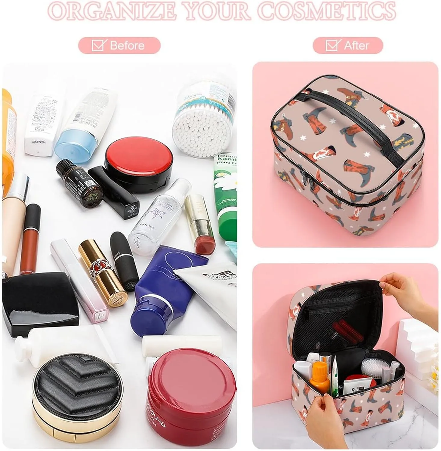 Makeup Bag Cowgirl Cowboy Boots Cosmetic Bag for Women, Beauty Zipper Makeup Organizer PU Leather Waterproof Toiletry Train Case Western