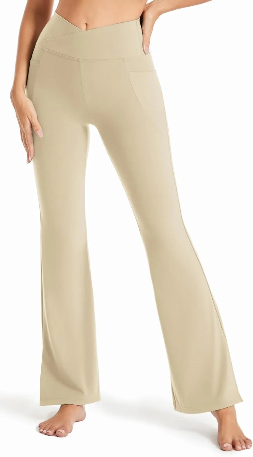 Maxbee Flare Yoga Pants with Pockets for Women, V Crossover Flare Leggings Tummy Control, High Waist Bootcut Yoga Leggings