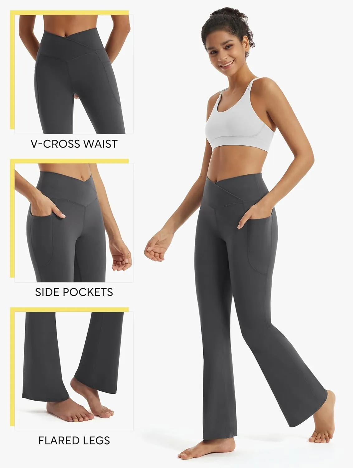 Maxbee Flare Yoga Pants with Pockets for Women, V Crossover Flare Leggings Tummy Control, High Waist Bootcut Yoga Leggings