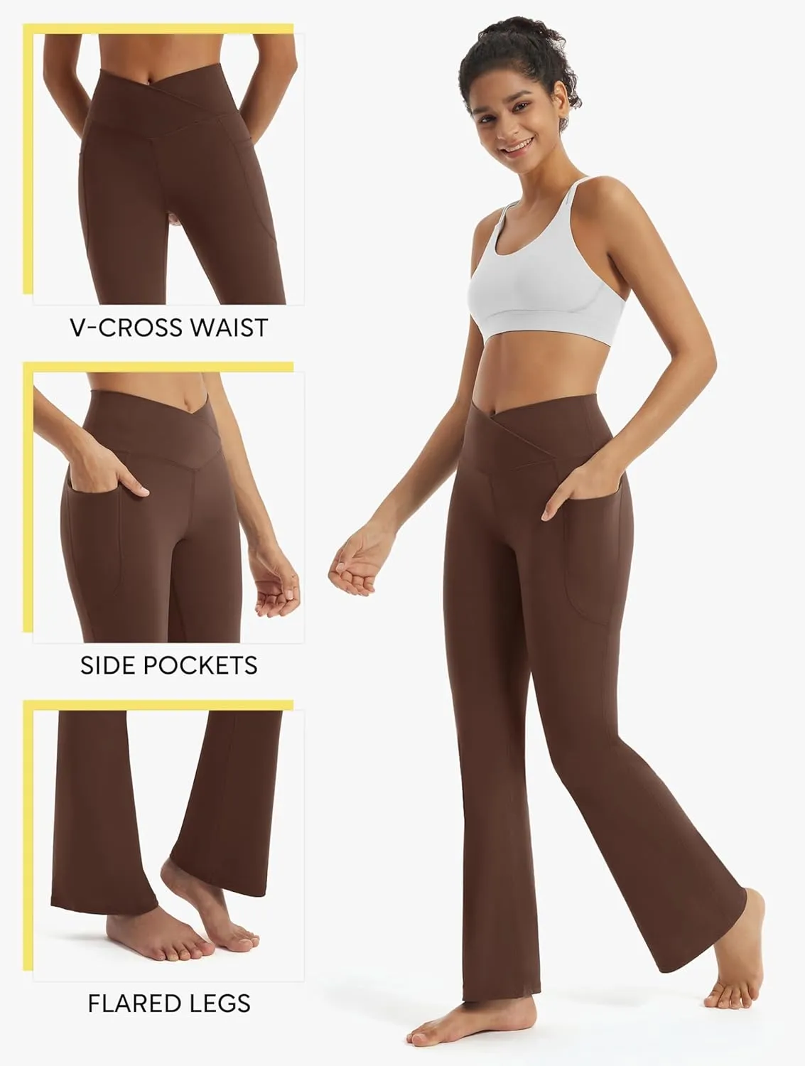 Maxbee Flare Yoga Pants with Pockets for Women, V Crossover Flare Leggings Tummy Control, High Waist Bootcut Yoga Leggings