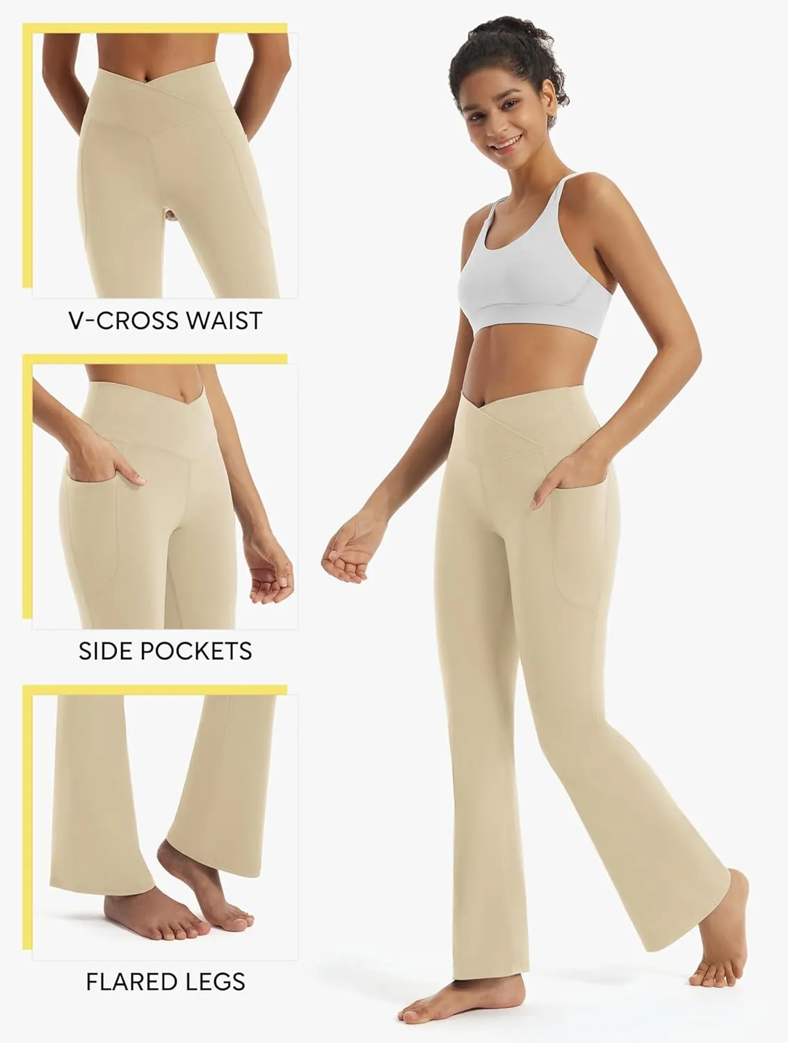 Maxbee Flare Yoga Pants with Pockets for Women, V Crossover Flare Leggings Tummy Control, High Waist Bootcut Yoga Leggings