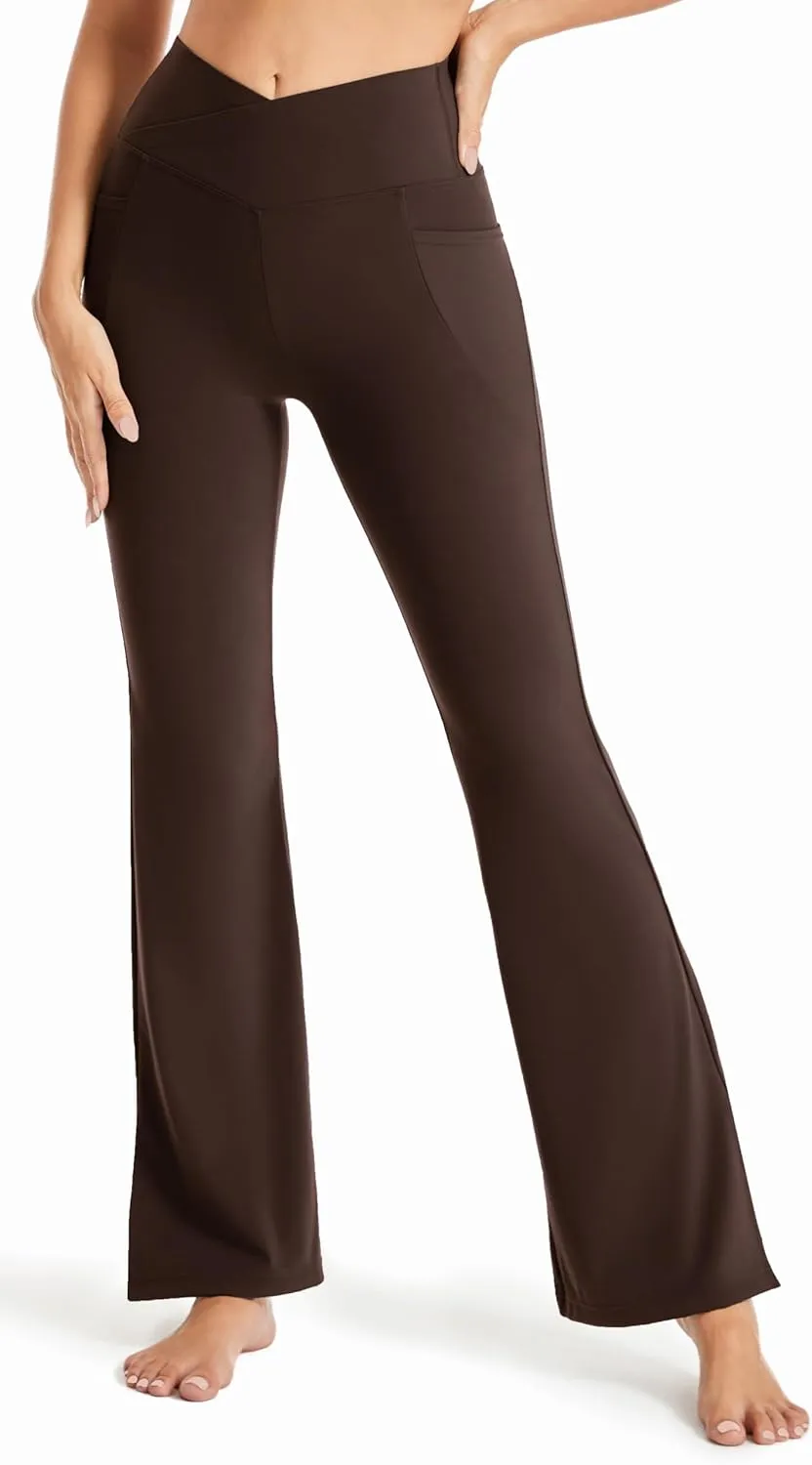 Maxbee Flare Yoga Pants with Pockets for Women, V Crossover Flare Leggings Tummy Control, High Waist Bootcut Yoga Leggings