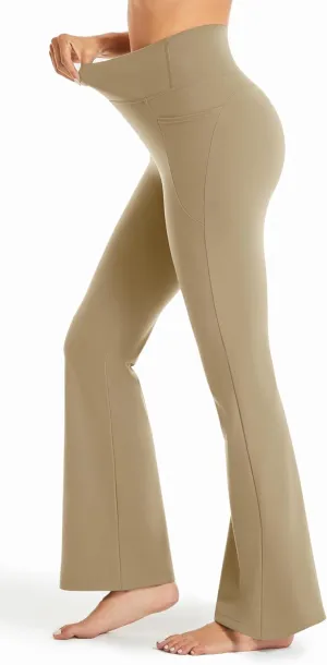 Maxbee Flare Yoga Pants with Pockets for Women, V Crossover Flare Leggings Tummy Control, High Waist Bootcut Yoga Leggings
