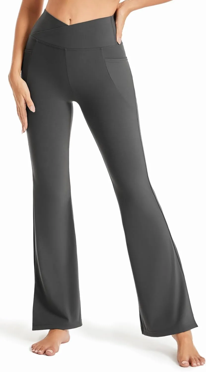 Maxbee Flare Yoga Pants with Pockets for Women, V Crossover Flare Leggings Tummy Control, High Waist Bootcut Yoga Leggings