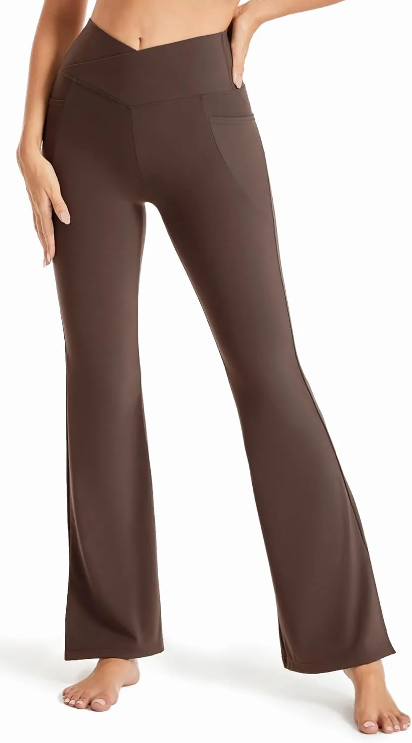 Maxbee Flare Yoga Pants with Pockets for Women, V Crossover Flare Leggings Tummy Control, High Waist Bootcut Yoga Leggings