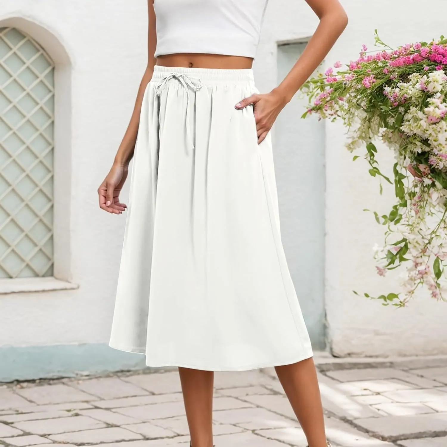 Maxi Skirts for Women 2025 Elegant Boho Pleated Skirt Elastic High Waisted Casual Summer Pockets A Line Dresses Outfits
