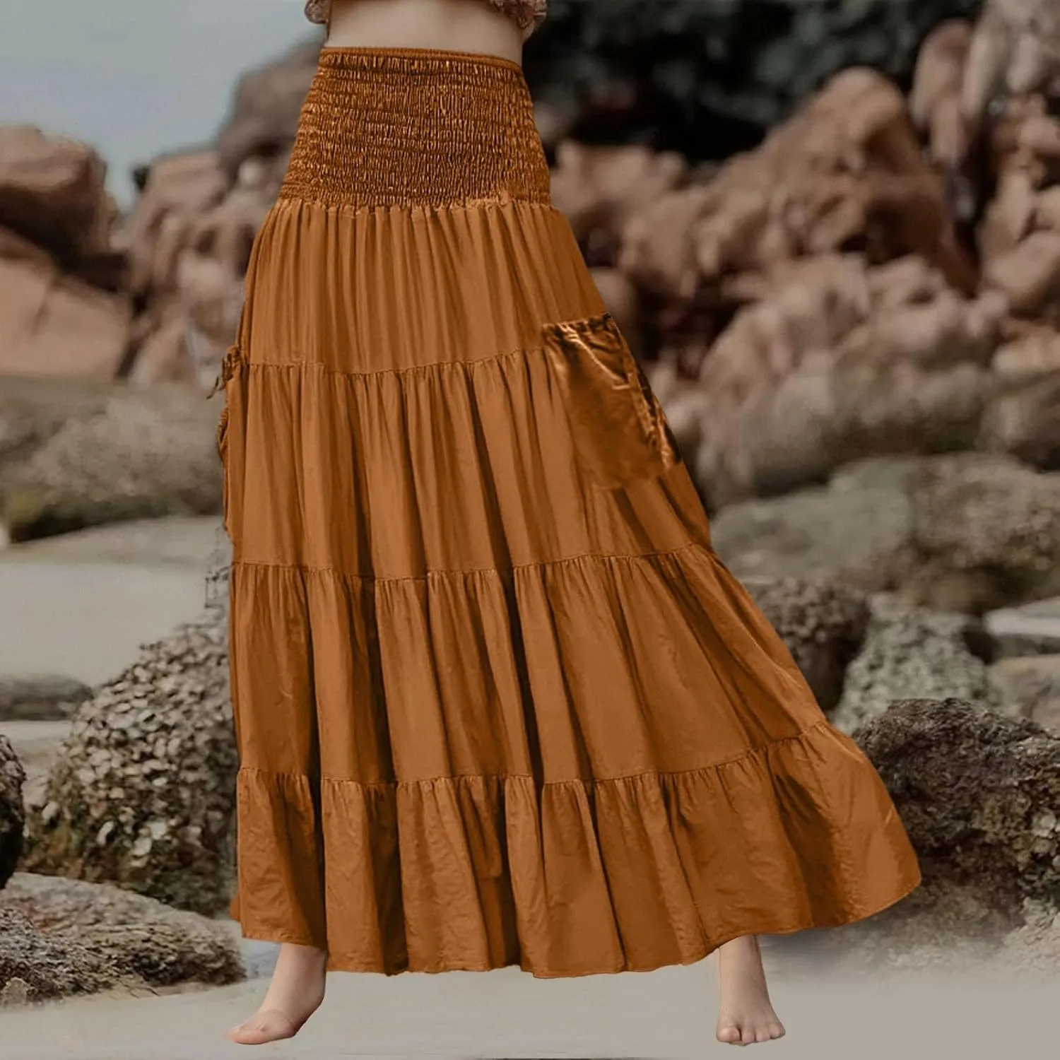 Maxi Skirts for Women 2025 Summer Boho Flowy Swing Tiered A-Line Elastic High Waist Pleated Long Skirt with Pockets