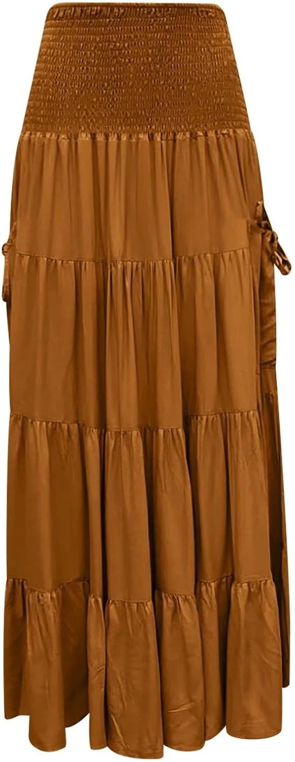Maxi Skirts for Women 2025 Summer Boho Flowy Swing Tiered A-Line Elastic High Waist Pleated Long Skirt with Pockets