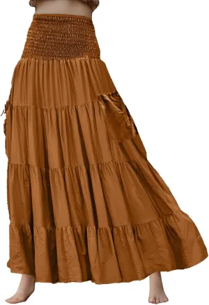 Maxi Skirts for Women 2025 Summer Boho Flowy Swing Tiered A-Line Elastic High Waist Pleated Long Skirt with Pockets