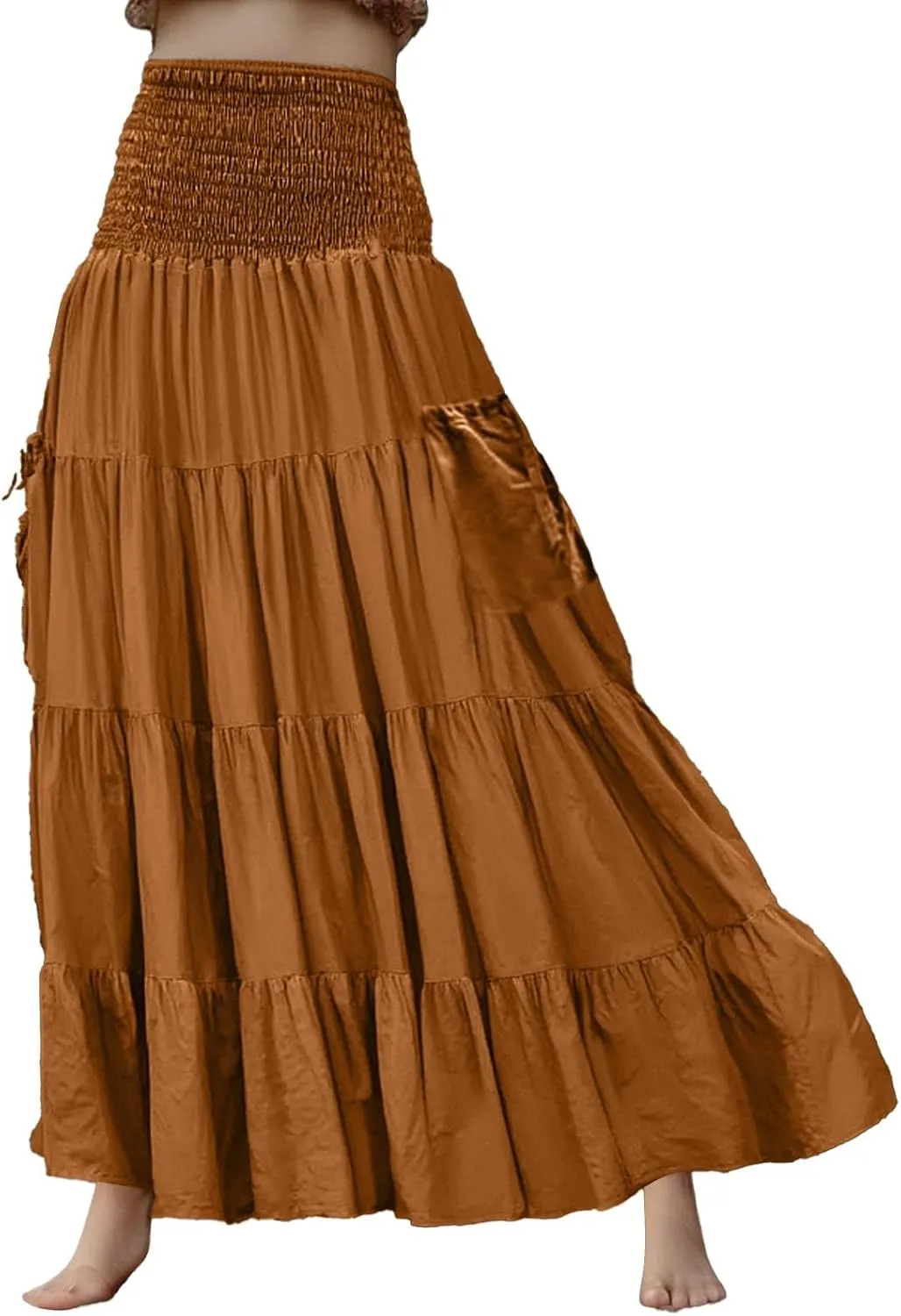 Maxi Skirts for Women 2025 Summer Boho Flowy Swing Tiered A-Line Elastic High Waist Pleated Long Skirt with Pockets