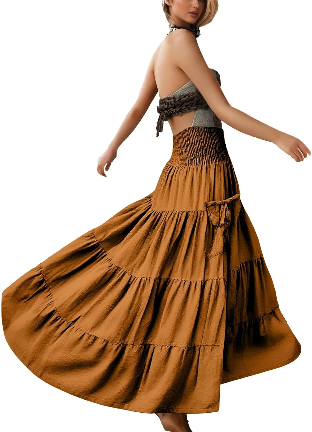 Maxi Skirts for Women 2025 Summer Boho Flowy Swing Tiered A-Line Elastic High Waist Pleated Long Skirt with Pockets