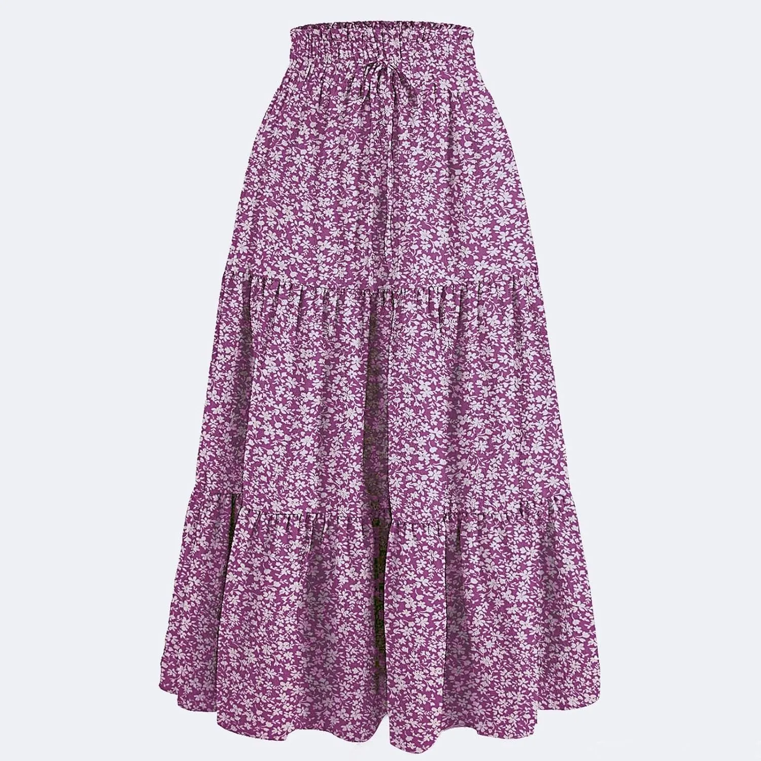 Maxi Skirts for Women Boho Floral Print Tiered Flowy Skirt Vacation Elastic Drawstring Waist A Line Pleated Skirt