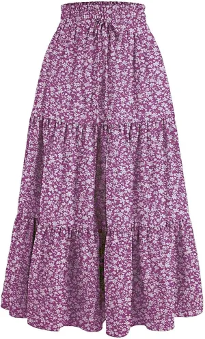 Maxi Skirts for Women Boho Floral Print Tiered Flowy Skirt Vacation Elastic Drawstring Waist A Line Pleated Skirt