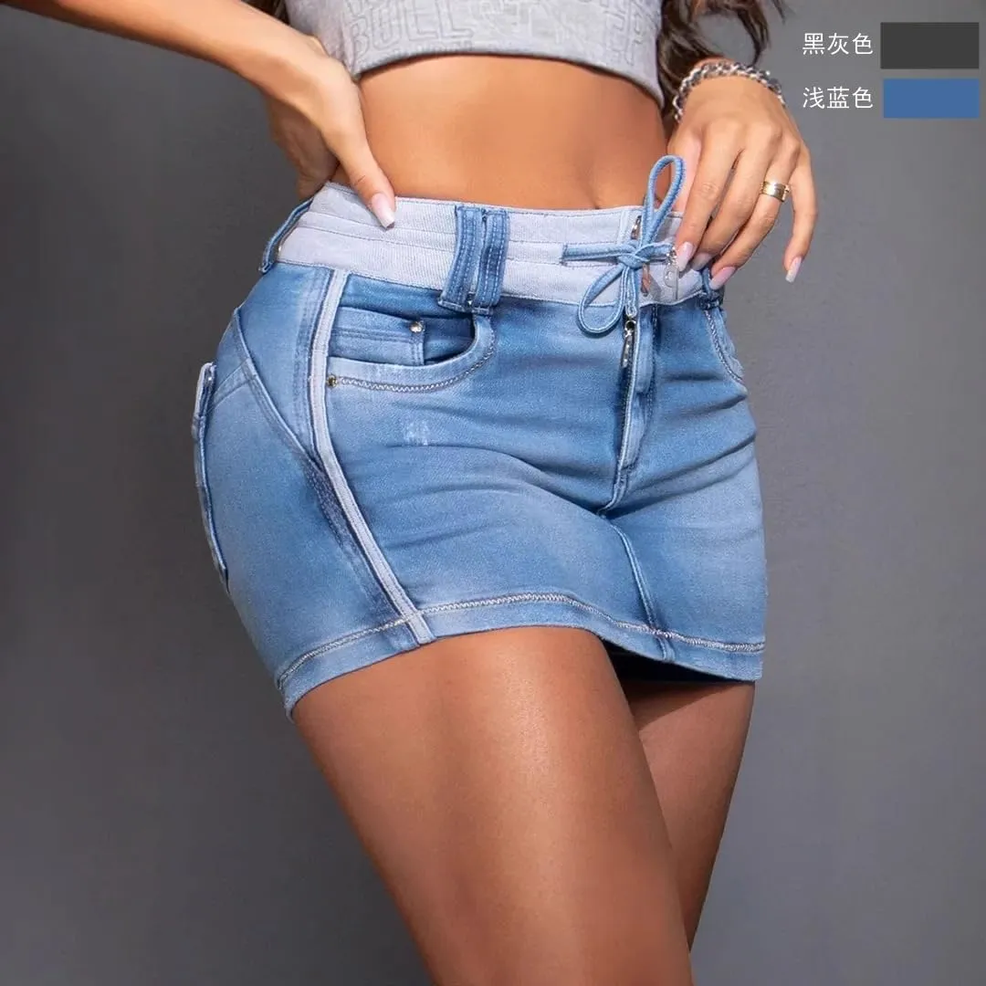 Melliflo Women's Summer Denim Skirt Drawstring Bodycon Sexy Shorts High Waisted Mini A Line Skirts Built in Short Jean