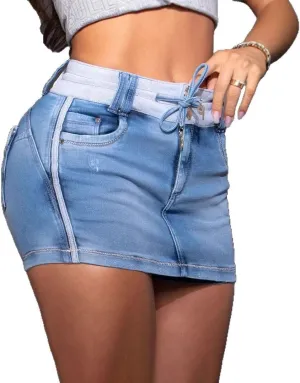 Melliflo Women's Summer Denim Skirt Drawstring Bodycon Sexy Shorts High Waisted Mini A Line Skirts Built in Short Jean