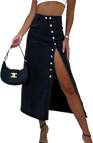 Melliflo Women's Summer Trendy Split Denim Skirts Button Front Bodycon Maxi Skirt High Waisted A Line Long Jean Skirts