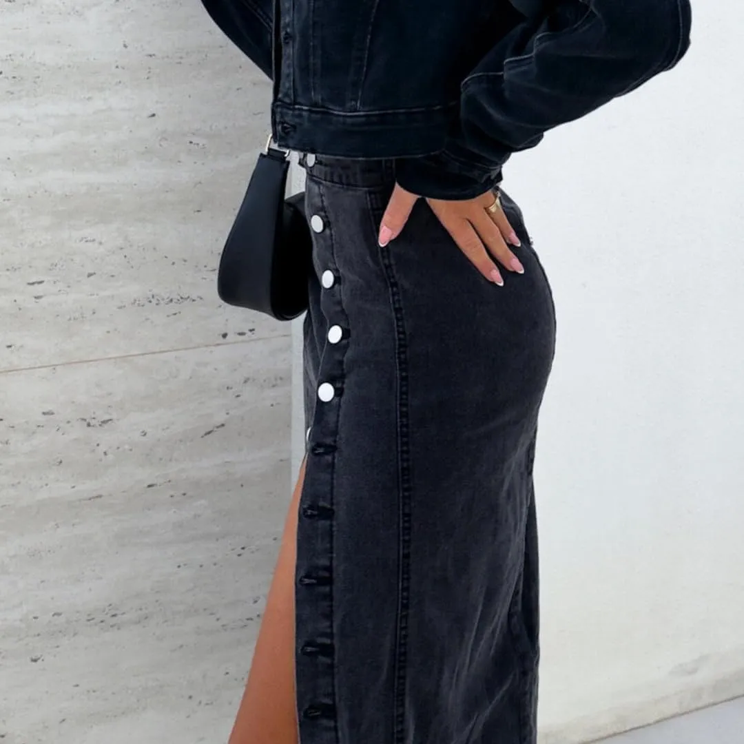 Melliflo Women's Summer Trendy Split Denim Skirts Button Front Bodycon Maxi Skirt High Waisted A Line Long Jean Skirts