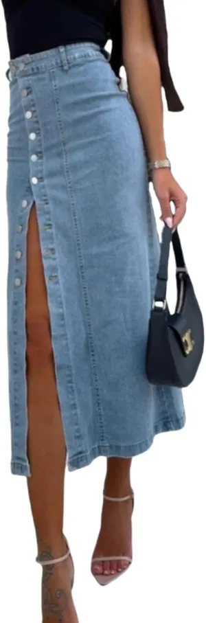 Melliflo Women's Summer Trendy Split Denim Skirts Button Front Bodycon Maxi Skirt High Waisted A Line Long Jean Skirts