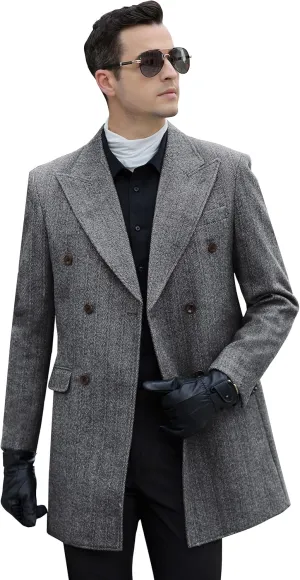 Men Trench Coat Peacoat Jackets Male Grey Coats Casual Winter Herringbone Long Jacket for Men Warm Wool Overcoat