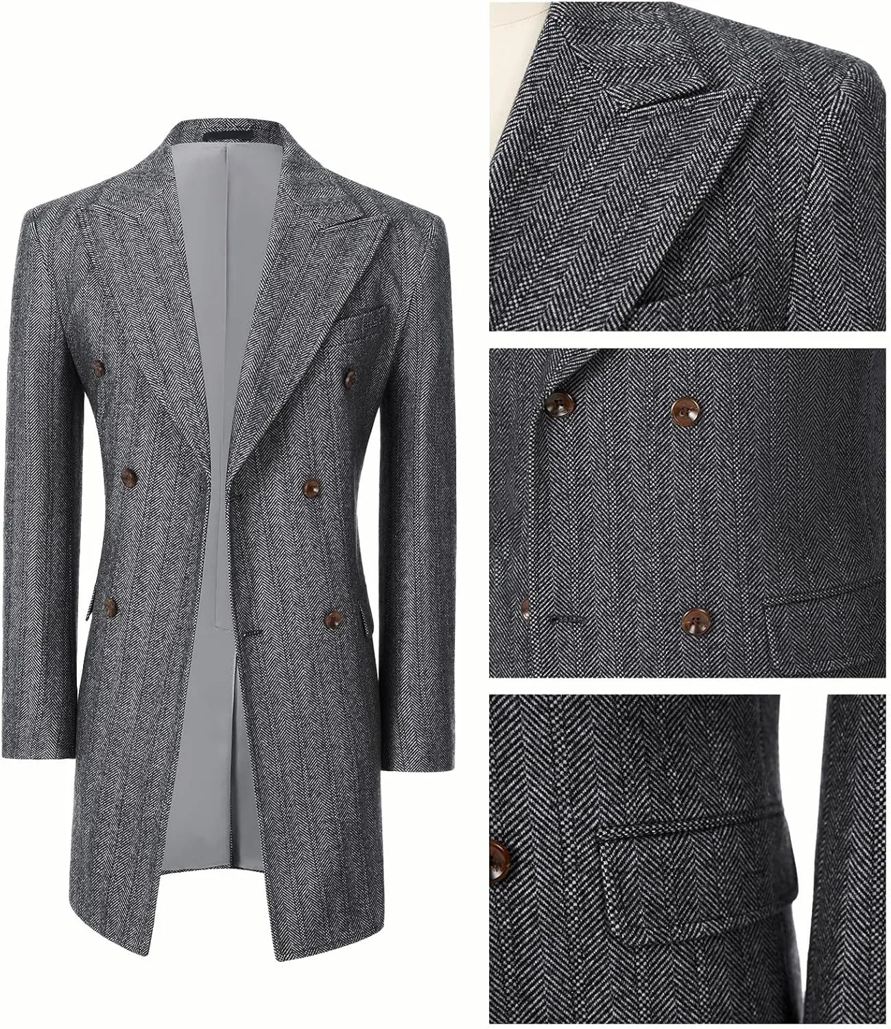 Men Trench Coat Peacoat Jackets Male Grey Coats Casual Winter Herringbone Long Jacket for Men Warm Wool Overcoat