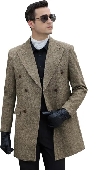 Men Trench Coat Peacoat Jackets Male Grey Coats Casual Winter Herringbone Long Jacket for Men Warm Wool Overcoat