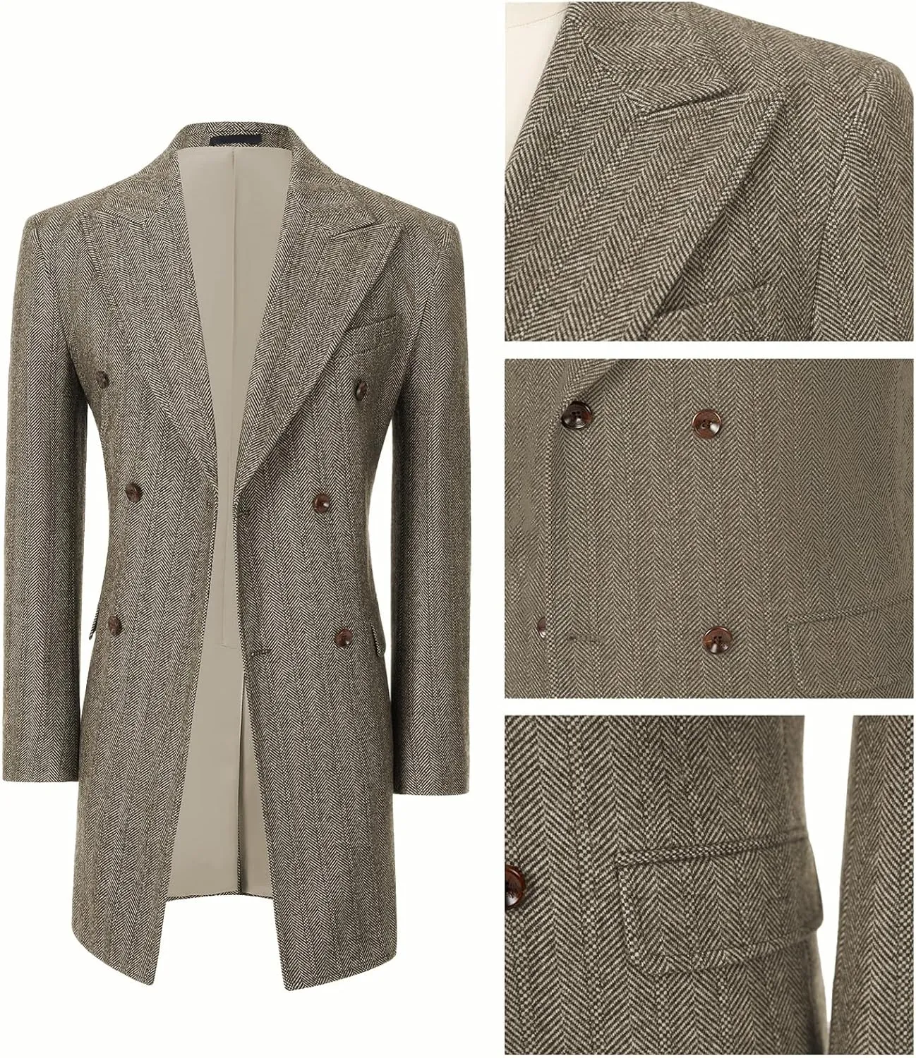 Men Trench Coat Peacoat Jackets Male Grey Coats Casual Winter Herringbone Long Jacket for Men Warm Wool Overcoat