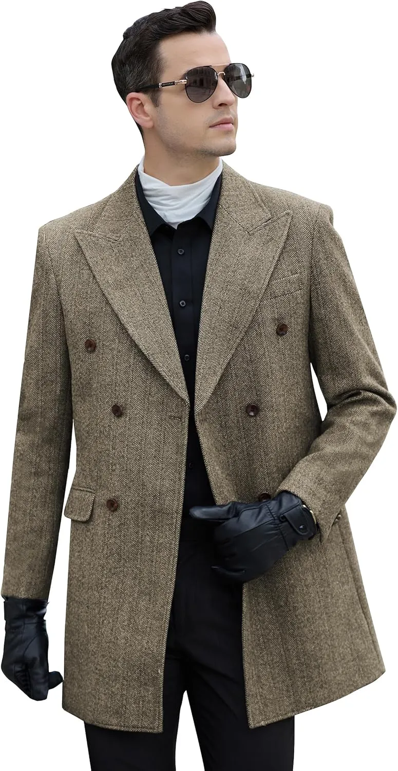 Men Trench Coat Peacoat Jackets Male Grey Coats Casual Winter Herringbone Long Jacket for Men Warm Wool Overcoat