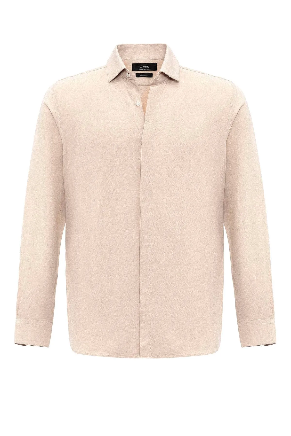 Men's Beige Hidden Button Linen Blend  Shirt - Wessi