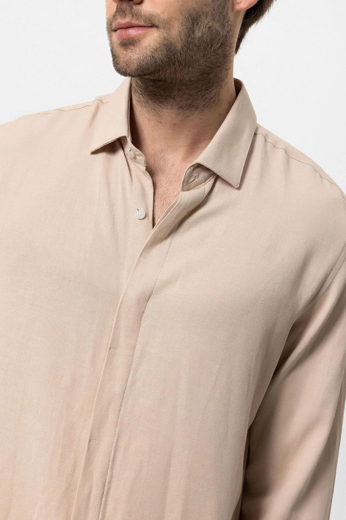 Men's Beige Hidden Button Linen Blend  Shirt - Wessi