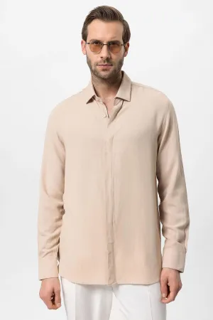Men's Beige Hidden Button Linen Blend  Shirt - Wessi