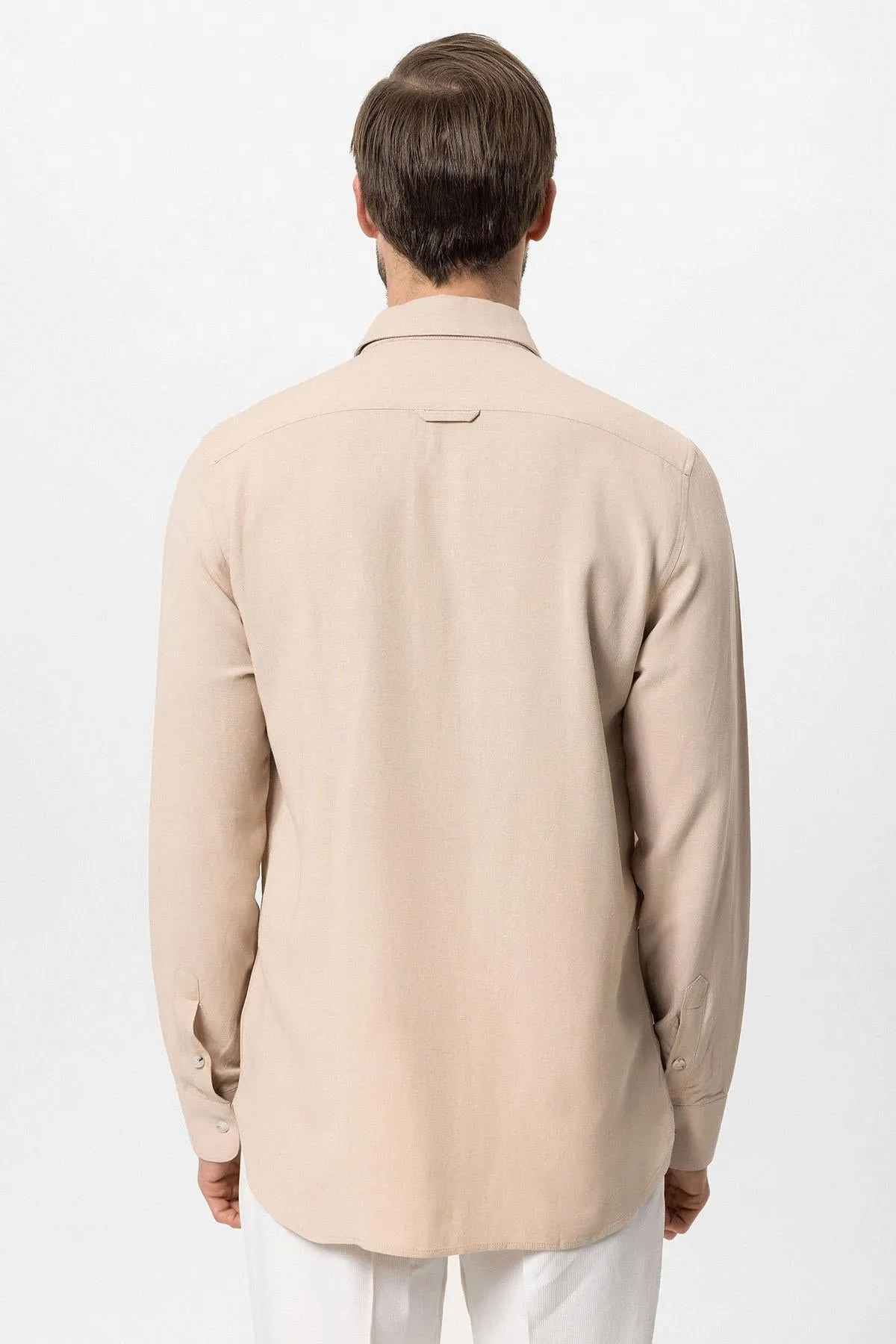 Men's Beige Hidden Button Linen Blend  Shirt - Wessi