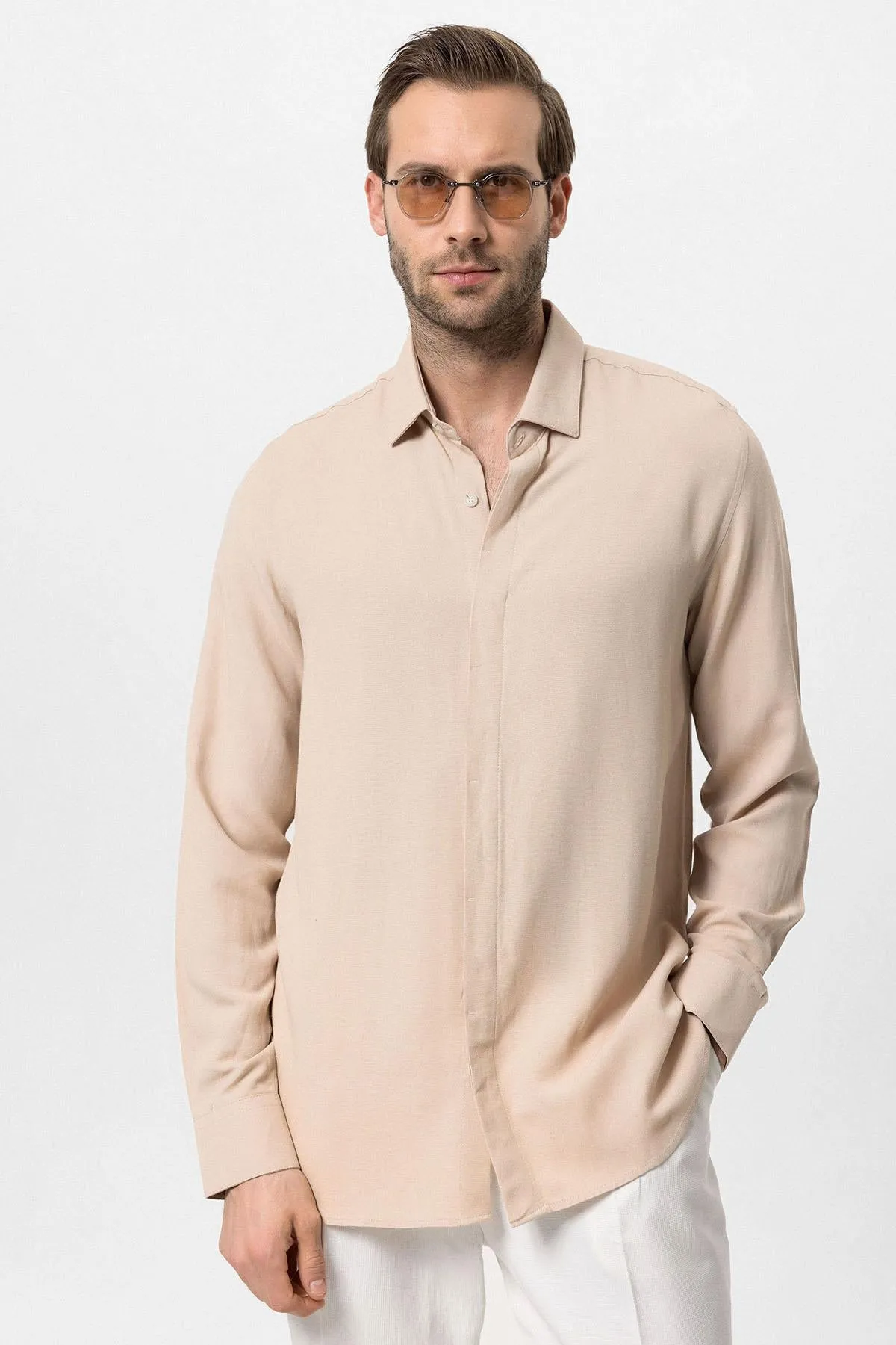 Men's Beige Hidden Button Linen Blend  Shirt - Wessi