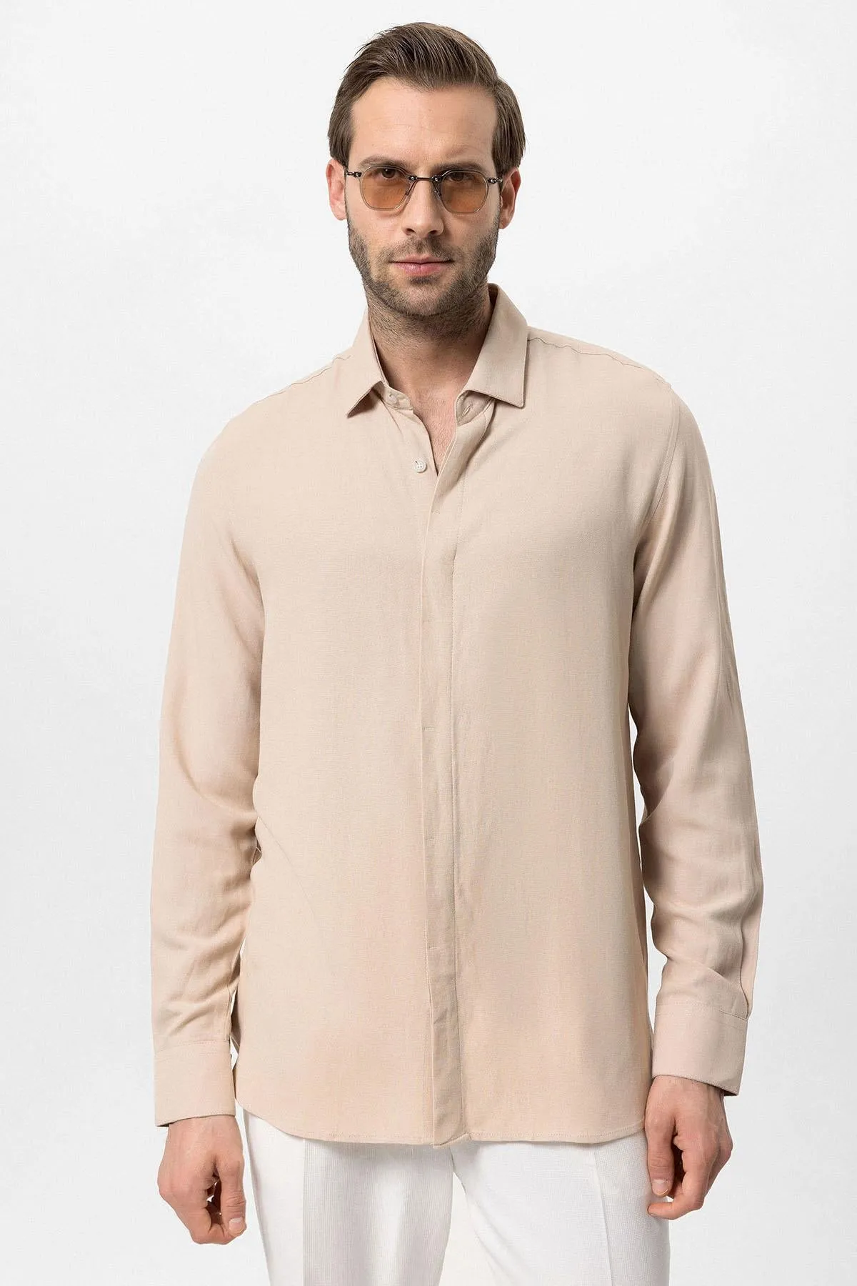 Men's Beige Hidden Button Linen Blend  Shirt - Wessi