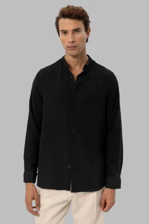 Men's Black Mandarin Collar Woven Shirt - Wessi
