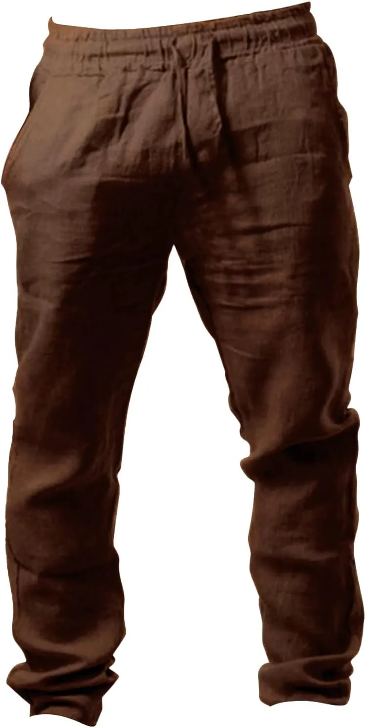 Mens Breathable Cotton Linen Casual Pants with Drawstrings Straight Leg Loose Fit Trousers for Men Solid Pleated Sweatpants