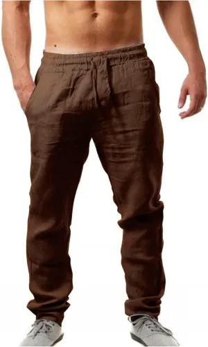 Mens Breathable Cotton Linen Casual Pants with Drawstrings Straight Leg Loose Fit Trousers for Men Solid Pleated Sweatpants