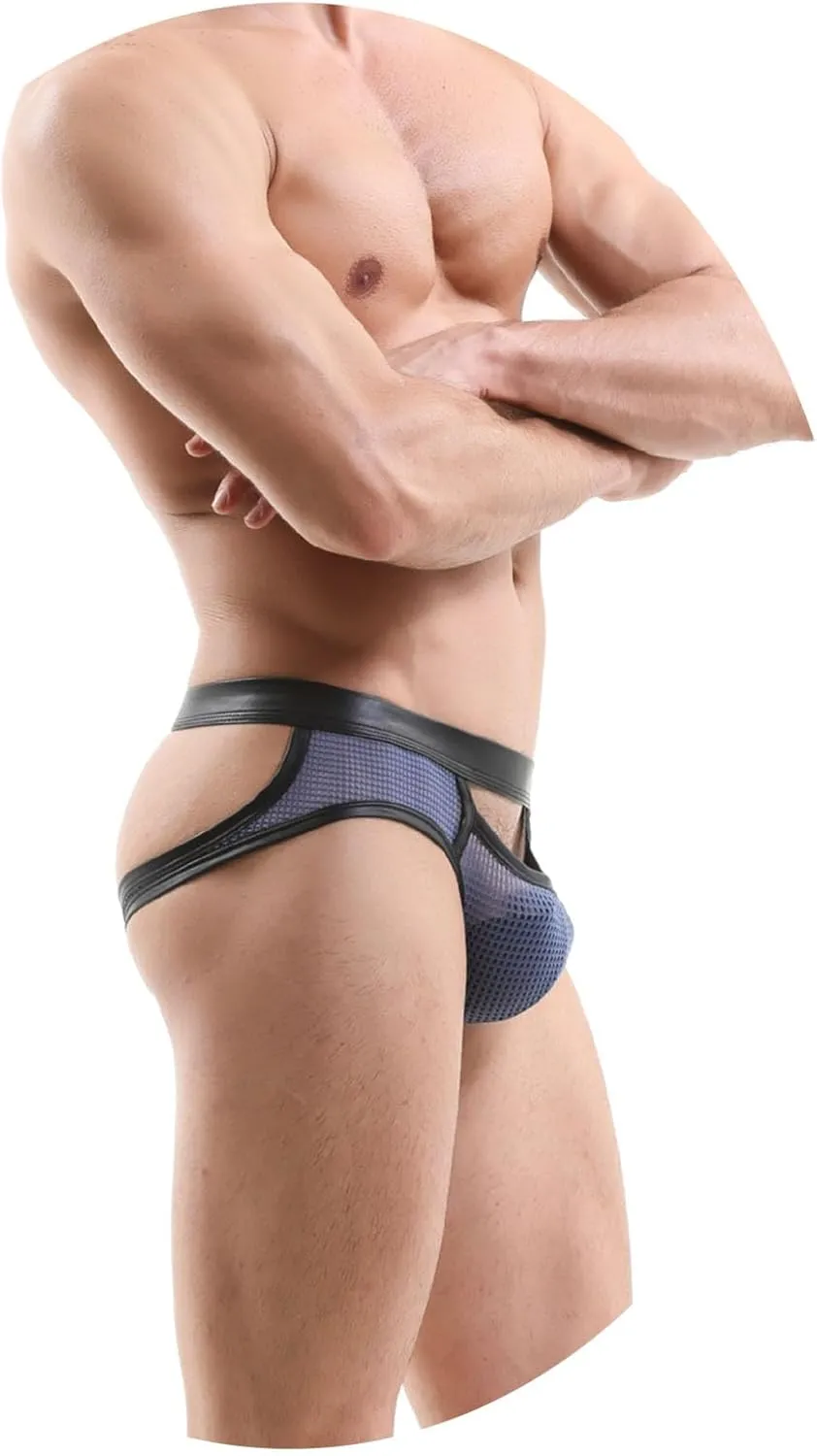 Men's Brief Underwear Sexy Mesh Hollow out Jockstrap Thong Underpants Patent Leather Fun U Convex Pouch Underwear
