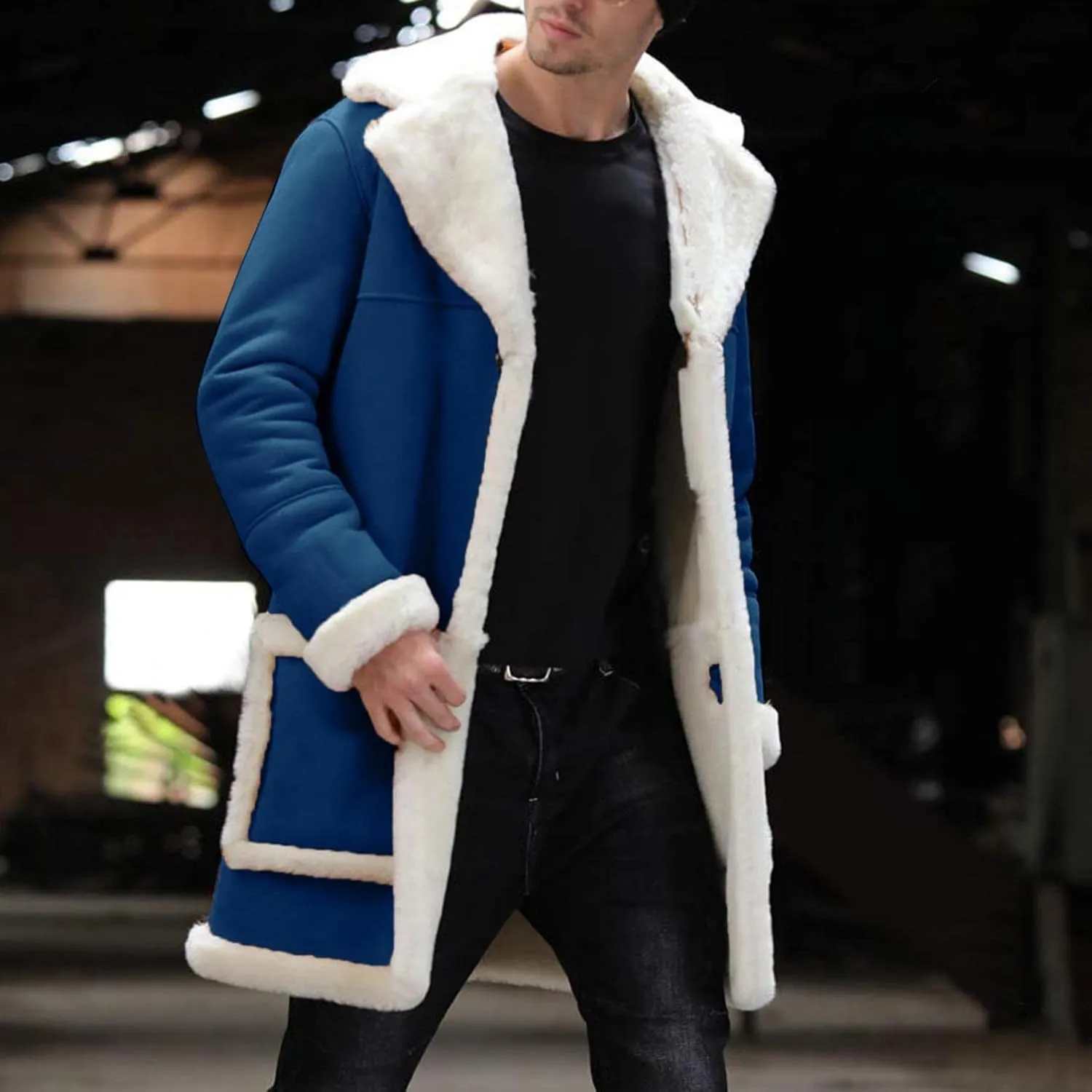 Mens Casual Sherpa Fleece Lined Jackets Winter Warm Fur Collar Long Trench Coats Big and Tall Outwears with Pockets